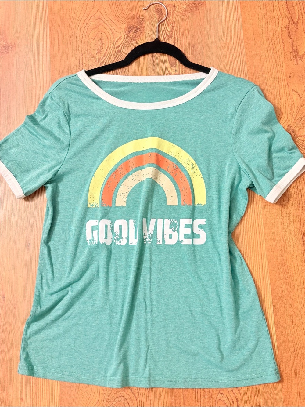 Good Vibes Teal Ringer Tee - Women's Casual Top size S casual everyday chic